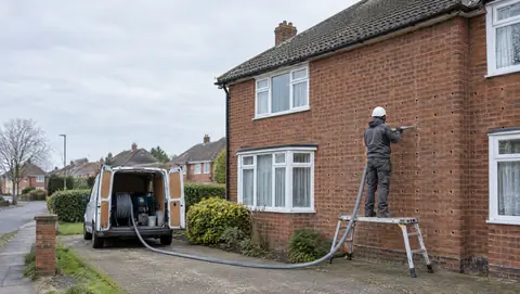 Installer on a low platform filling the brick wall of a 1930s semi-detached house through a grid of drilled holes, with the delivery hose running to a van