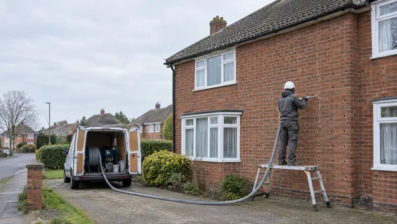 Installer on a low platform filling the brick wall of a 1930s semi-detached house through a grid of drilled holes, with the delivery hose running to a van