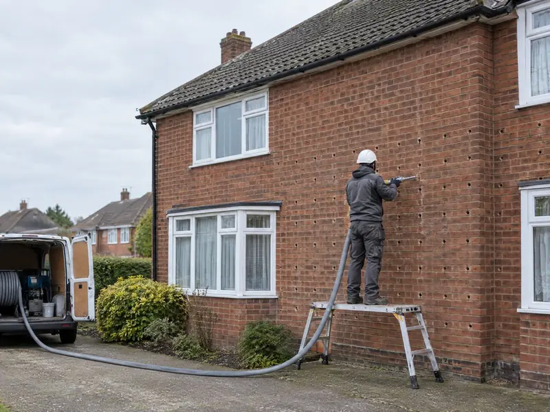 Installer on a low platform filling the brick wall of a 1930s semi-detached house through a grid of drilled holes, with the delivery hose running to a van