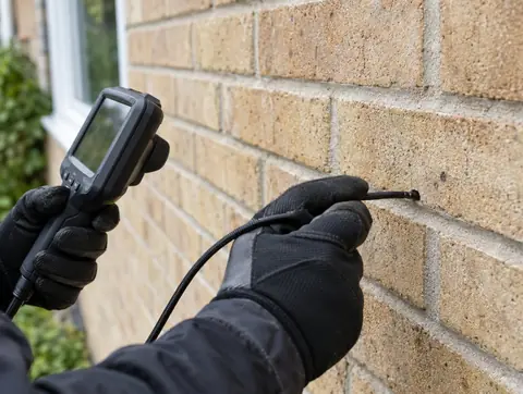 Technician inserting a borescope camera probe into a small hole in a buff brick wall