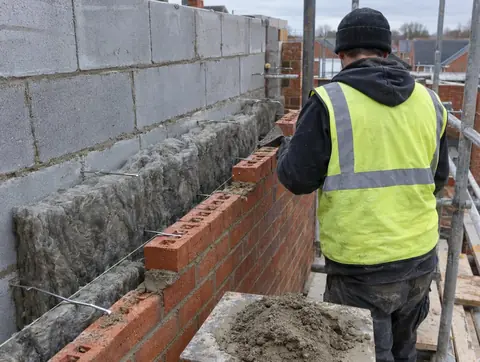 Bricklayer building a new cavity wall with mineral wool batts between the block and brick leaves