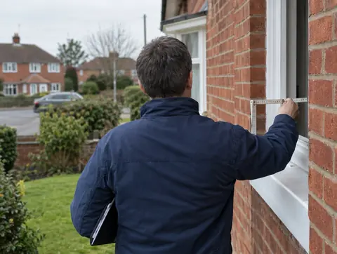 Surveyor measuring the wall thickness at a window reveal of a brick house