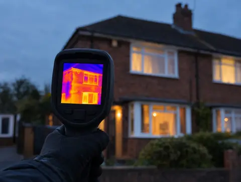 Thermal imaging camera showing heat loss from the front of a semi-detached house at dusk