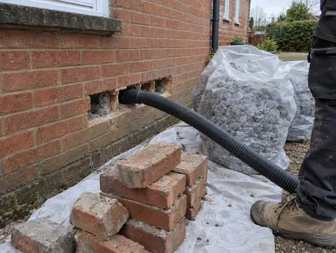 Old cavity insulation being extracted through bricks removed at the base of a wall, with sacks of extracted fibre