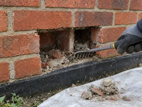 Bricks removed at the base of a wall so mortar debris can be raked out of the cavity