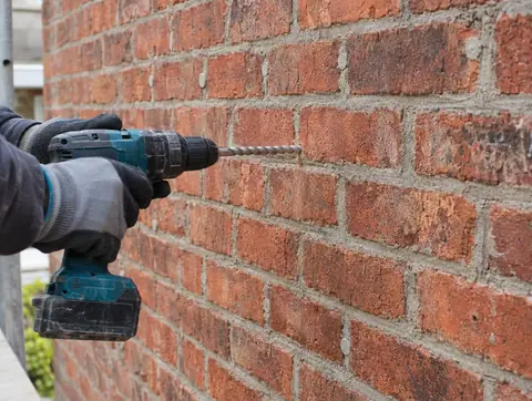 Drilling a mortar joint to fit a remedial stainless steel wall tie