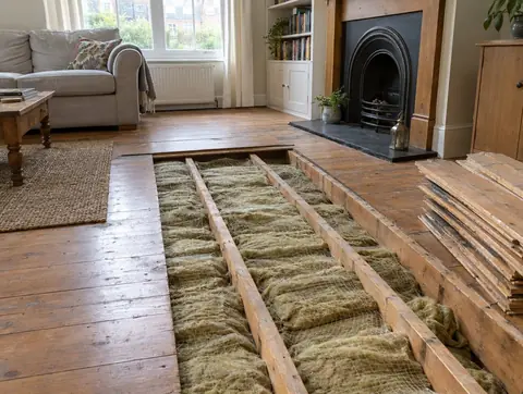 Lifted floorboards showing insulation fitted between suspended timber floor joists