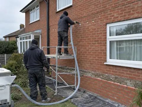 Installers refilling a cavity wall from a tower after extraction, with reinstated brickwork at low level