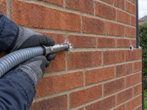 Gloved hands holding an injection nozzle in a drilled mortar joint to fill a cavity wall